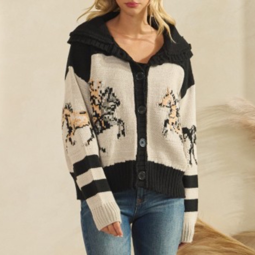 Cozy Horse Western Graphic Wide Collar Button Down Cardigan - Picture 3 of 8
